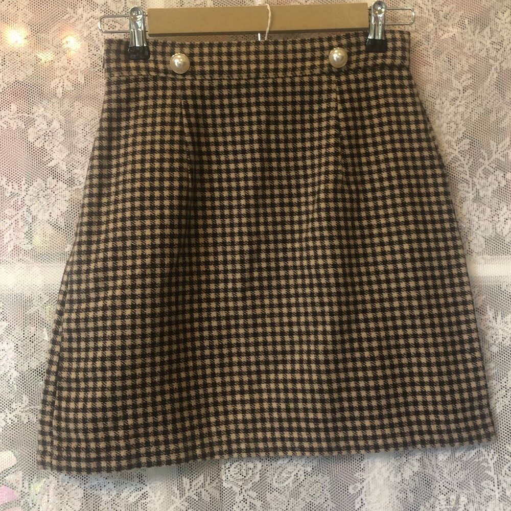 Wool blend Houndstooth Mini Skirt Brown Tan A-Line Preppy Small side zip